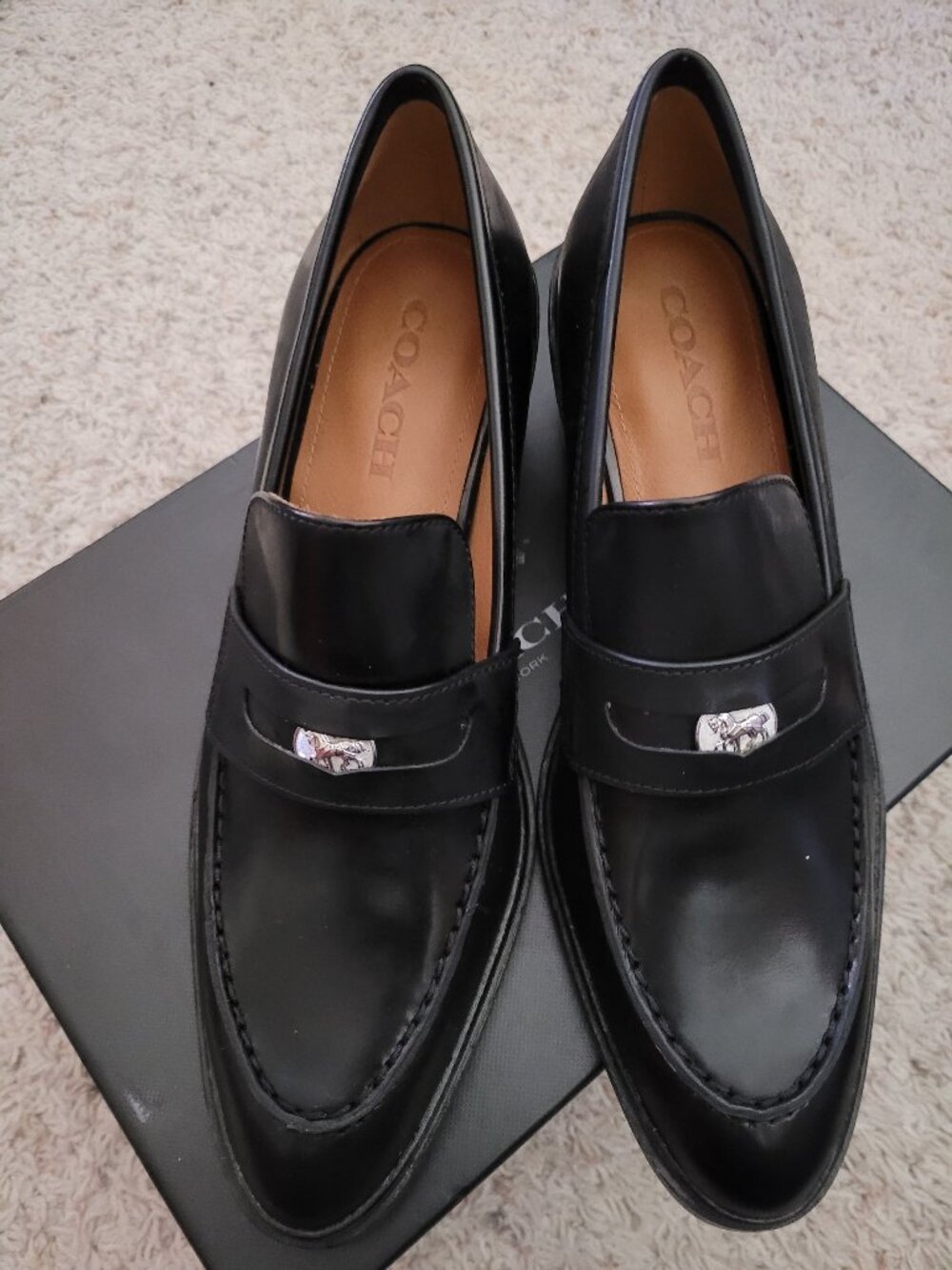 NIB Coach Heath Black Block Heeled Tailored Penny Loafer -9M
